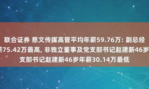 联合证券 慈文传媒高管平均年薪59.76万: 副总经理蒲林江42岁年薪75.42万最高, 非独立董事及党支部书记赵建新46岁年薪30.14万最低